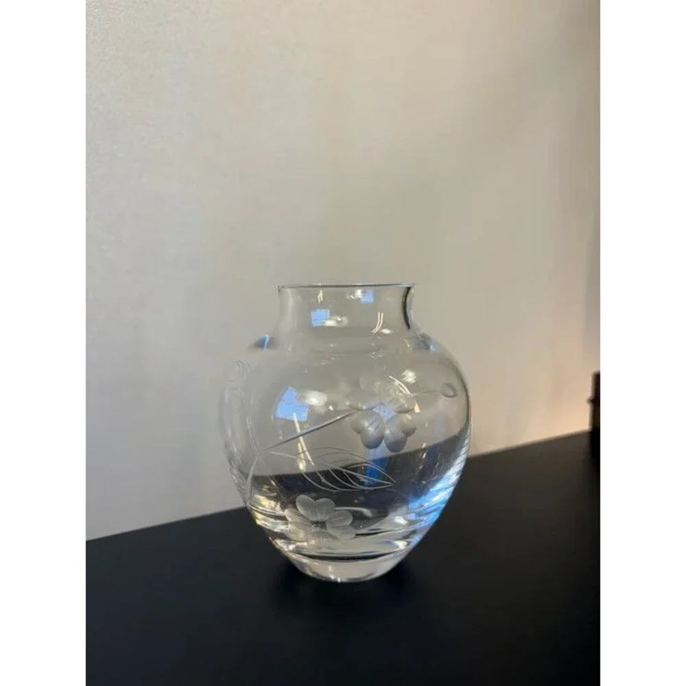 Etched Glass Rose Bowl Posy Vase Cut Floral Spray Clear Small Globe Form